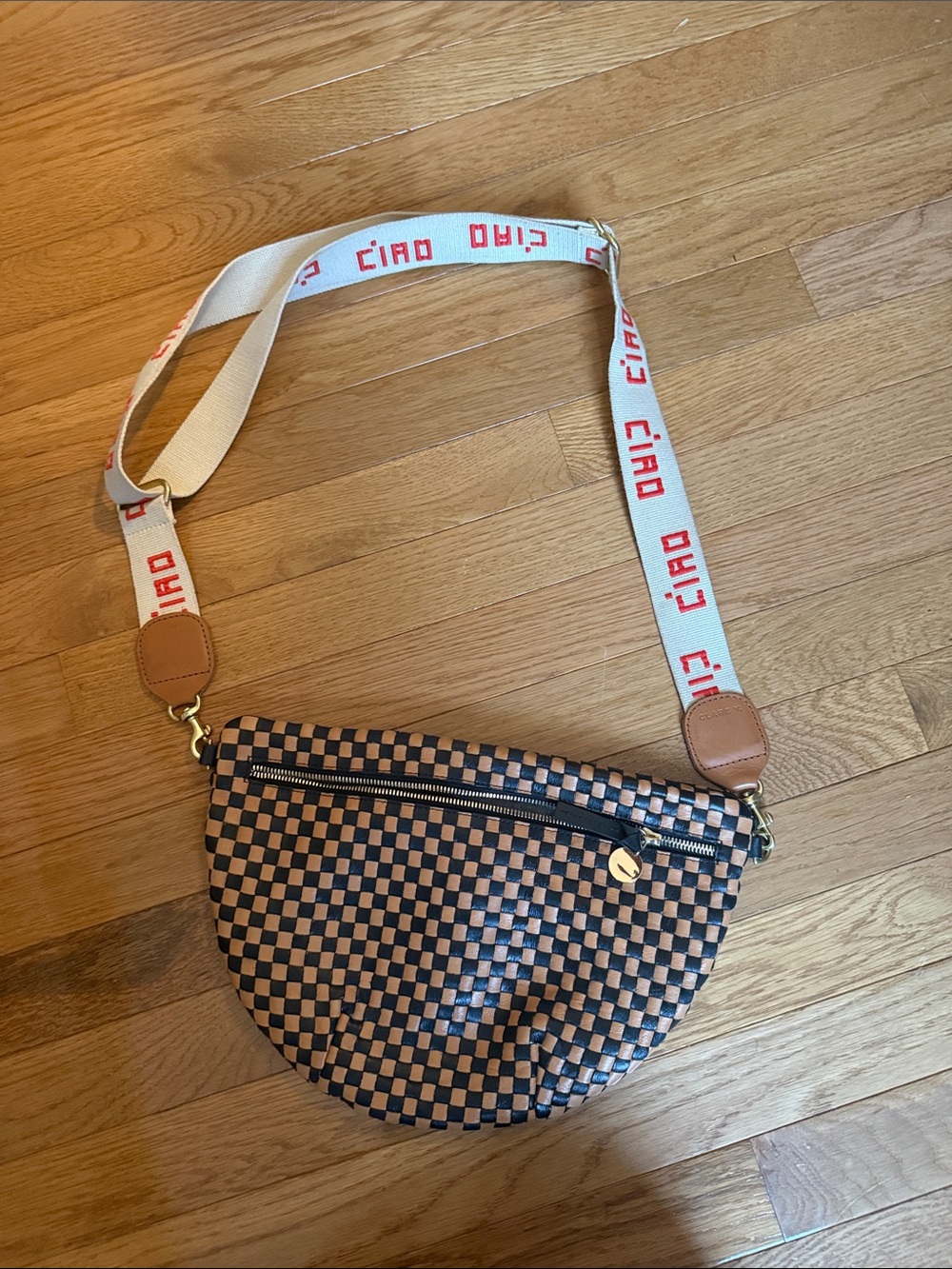 Clare V Checkered Crescent Crossbody Bag with 'CIAO' Strap